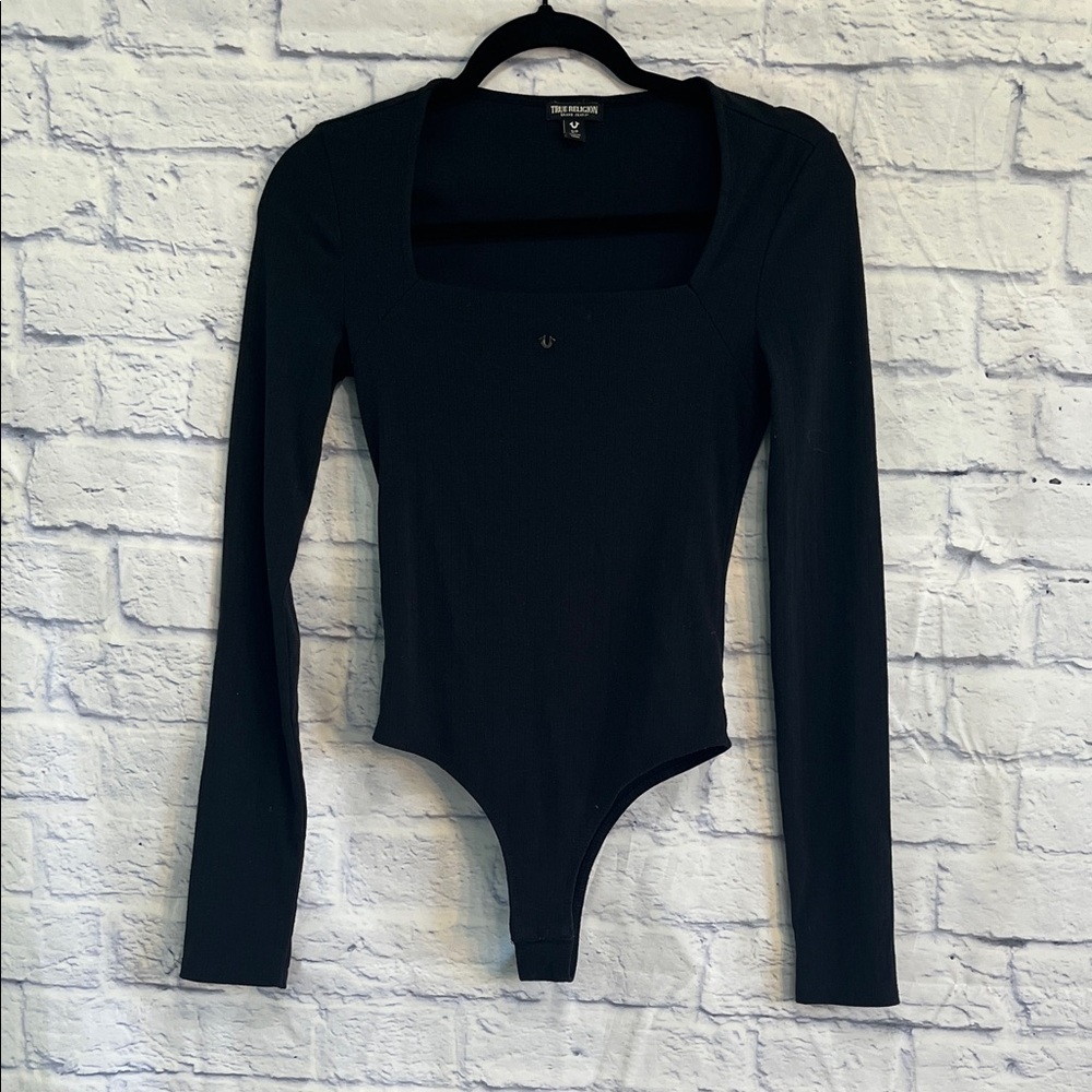True Religion Bodysuit Square Neck Long Sleeves Black Metal Logo @ Neck